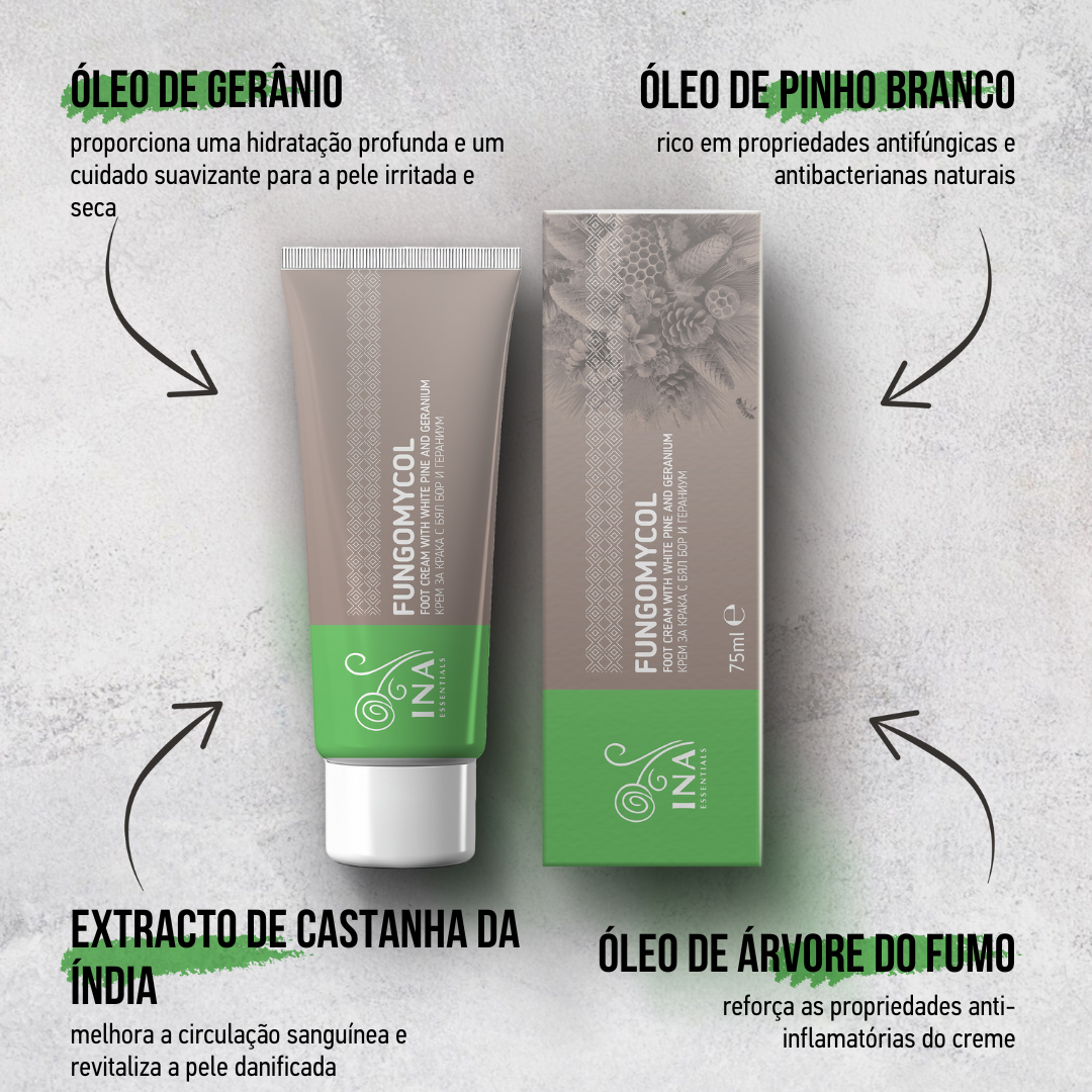 Creme 2 em 1 para Fungos nas unhas, Pele seca e gretada - com Pinho branco, Ureia e Gerânio