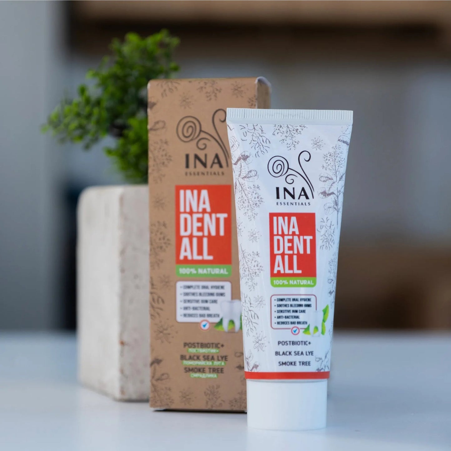 + Oferta Pasta de Dentes Natural sem Flúor com Árvore do fumo, Lixívia do Mar Negro e Pós-biótico - Ina Dent-All