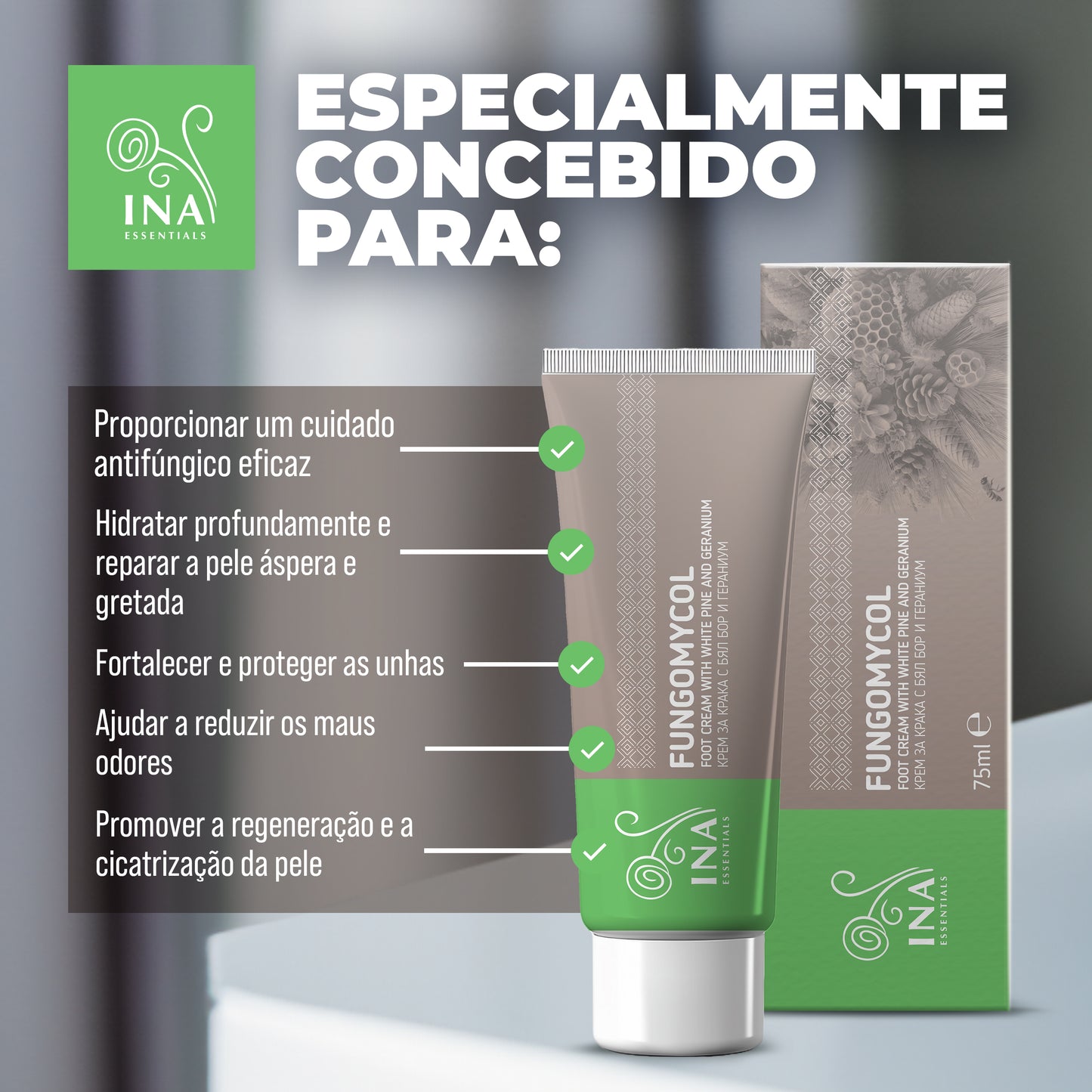 Creme 2 em 1 para Fungos nas unhas, Pele seca e gretada - com Pinho branco, Ureia e Gerânio