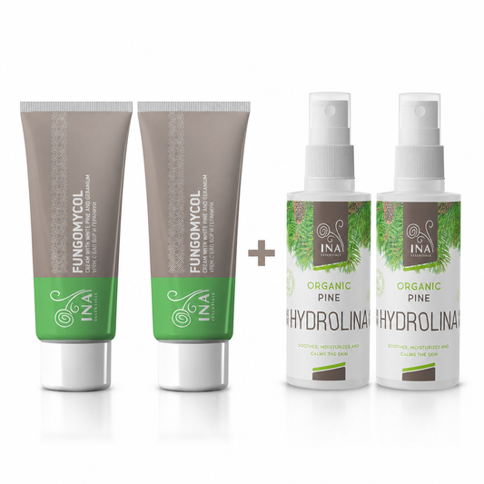 Compre 2 Cremes para Fungos nas Unhas e Pele Seca e Gretada e receba 2 Águas de Pinho Branco Orgânicas Grátis InaEssentials Portugal