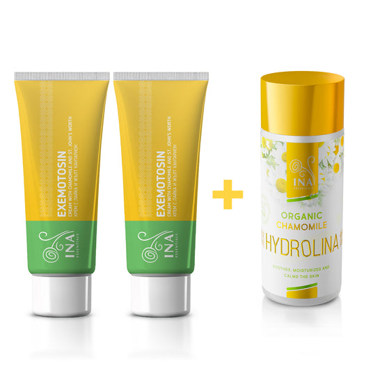 Compre 2 Cremes para Psoríase, Eczema e Pele Irritada e receba 1 Água de Camomila Orgânica Grátis