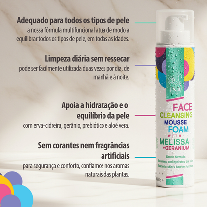 Espuma de Limpeza Natural para o Rosto com Erva-Cidreira e Gerânio - para todos os tipos de pele